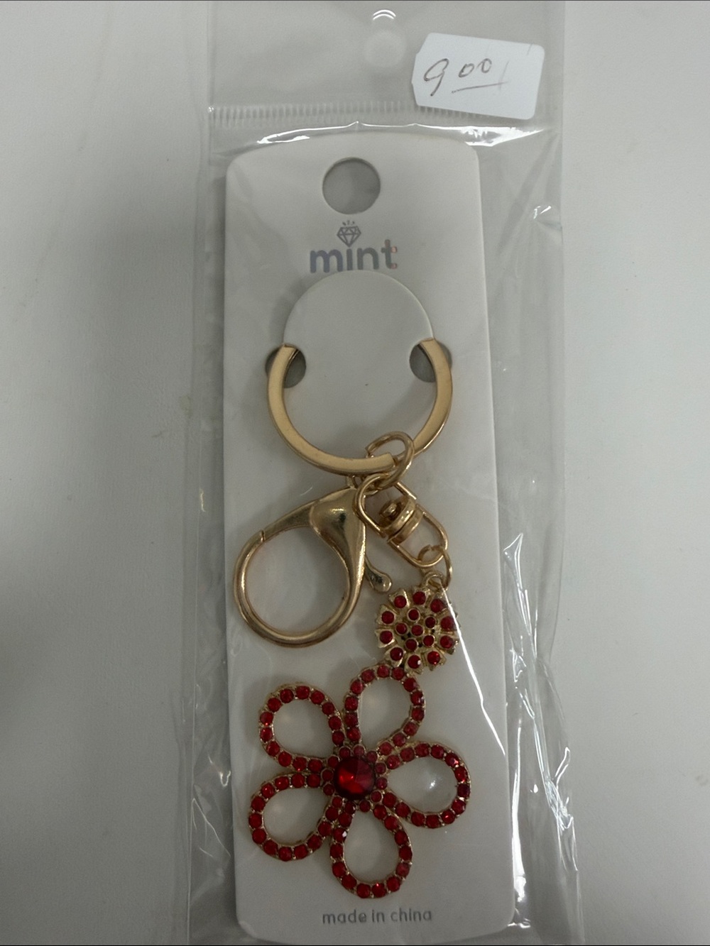 Mint Gold-Tone Keychain with Red Crystal Flower Charm